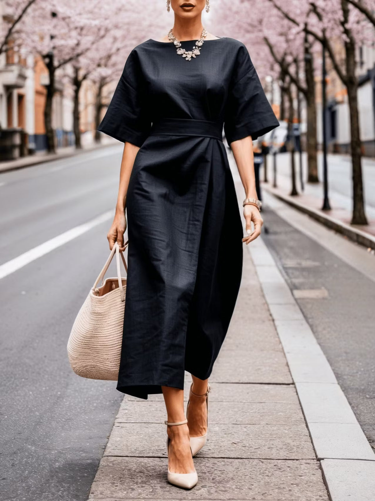 Linen Boat Neck Tie Loose Dress