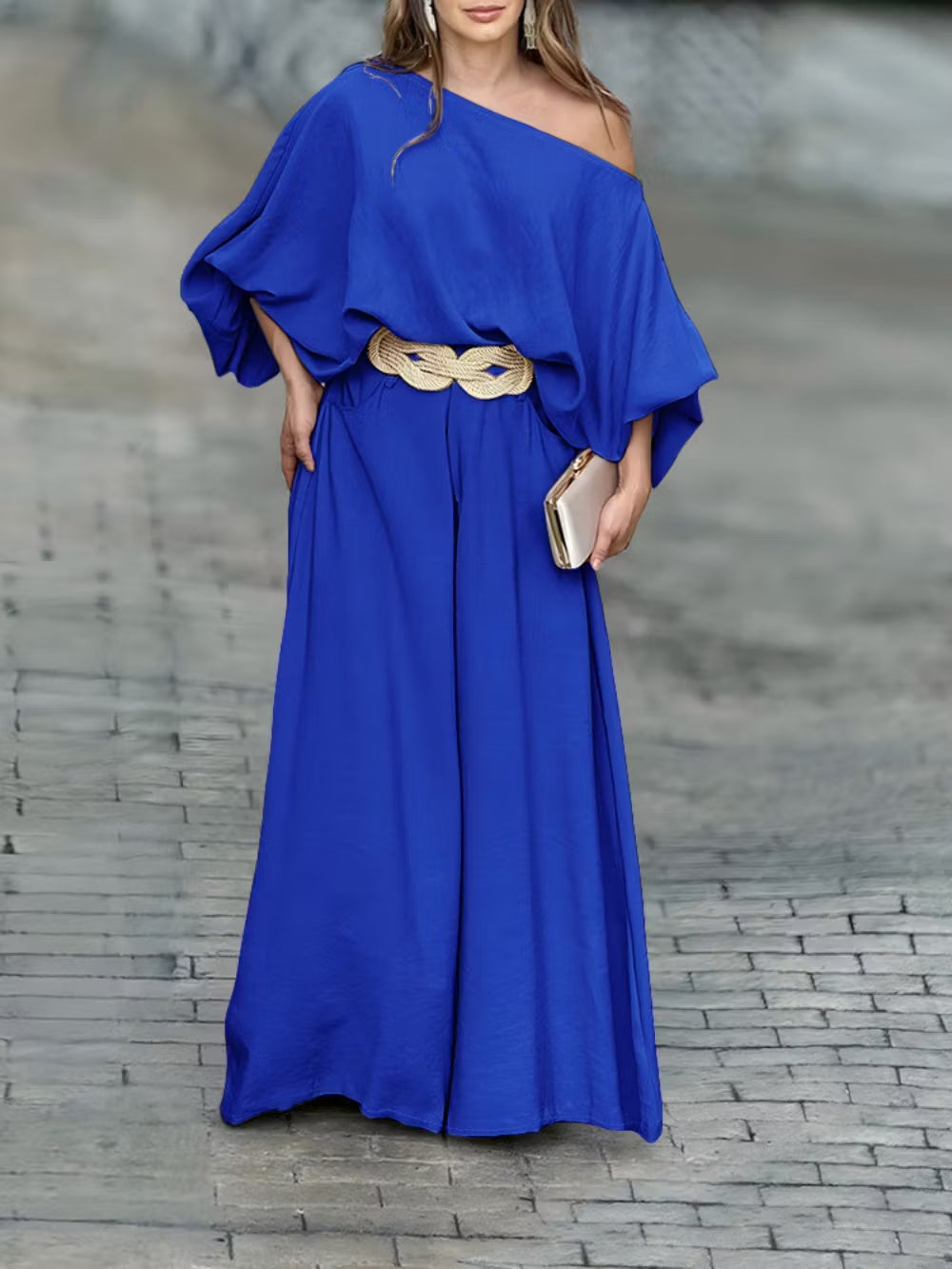 Off-shoulder lantern sleeve loose top and pants set