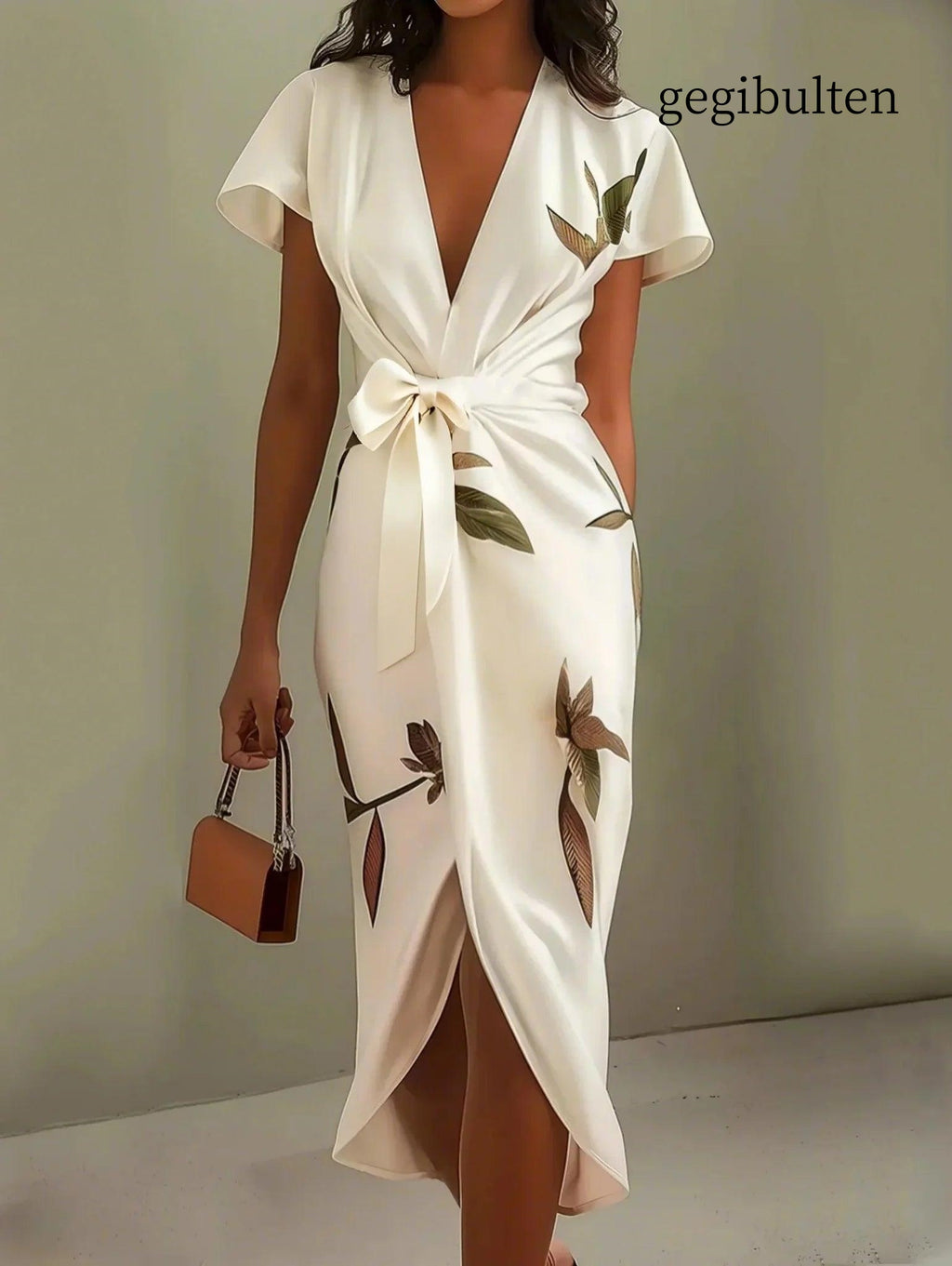 White Leaf Short Sleeve Satin Wrap Sheath Midi Dress