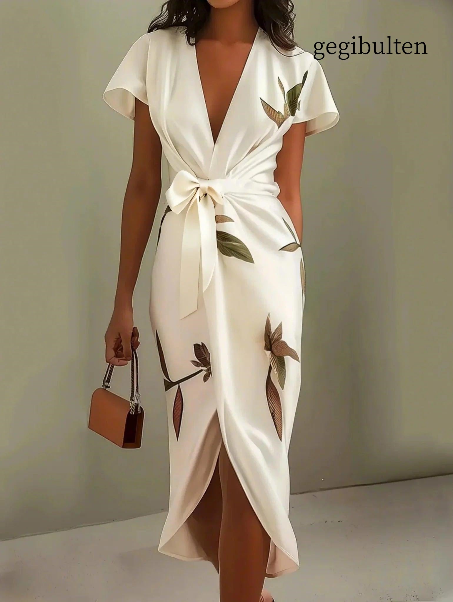 White Leaf Short Sleeve Satin Wrap Sheath Midi Dress