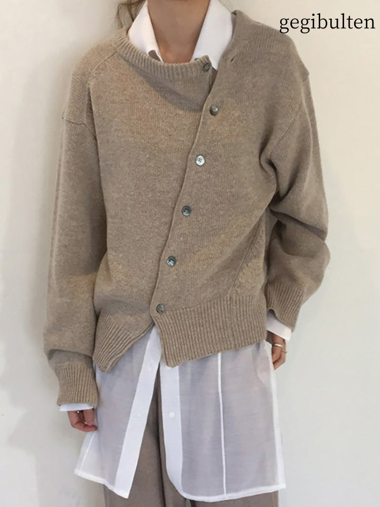 Slanted button irregular design lazy style sweater