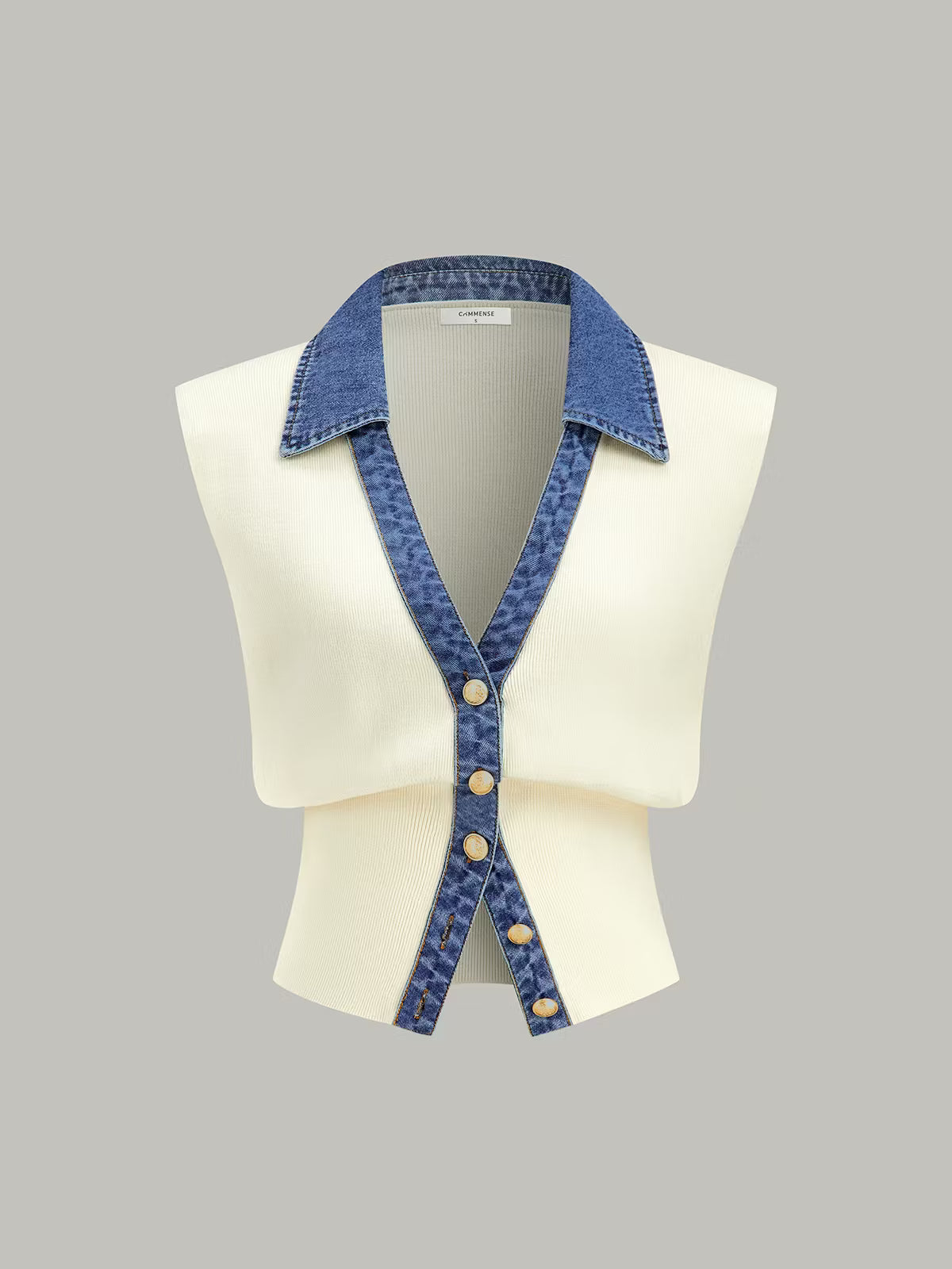 Denim Trim Metal Button Knit Vest