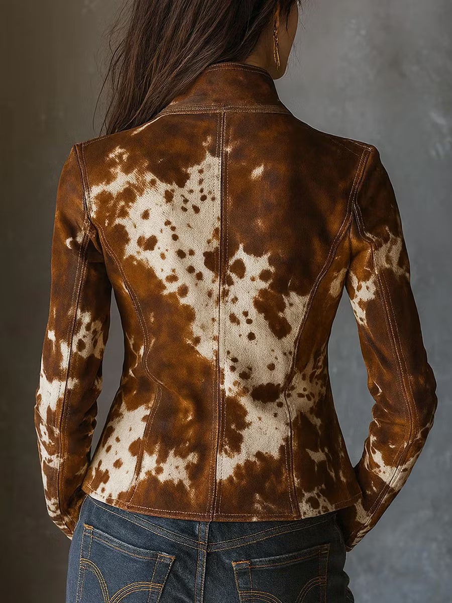 Vintage Stand-up Collar Cow Print Slim-fit Jacket