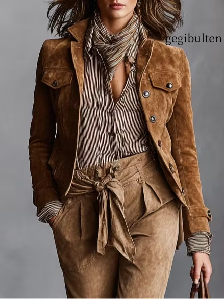 Brown Suede Single-Breasted Lapel Cropped Jacket
