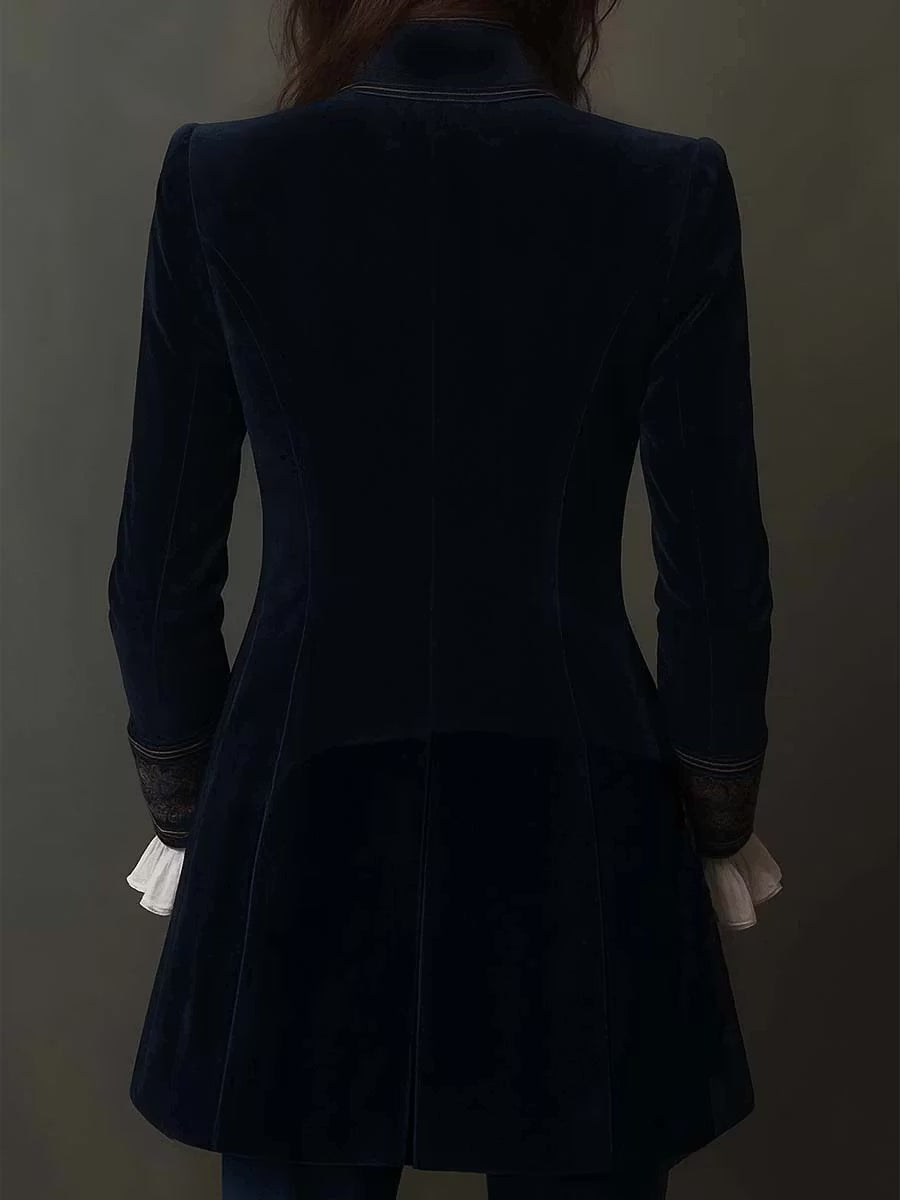 Vintage Navy Polyester Velvet Embroidered Long Jacket