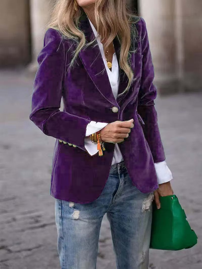 Elegant Velvet Slim-fit Faux Pocket Suit Jacket