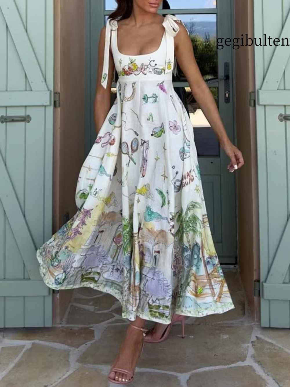 Linen Painted Ballet Tie Midi Dress
