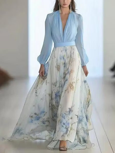Stunning Floral Print V-Neck Maxi Dress