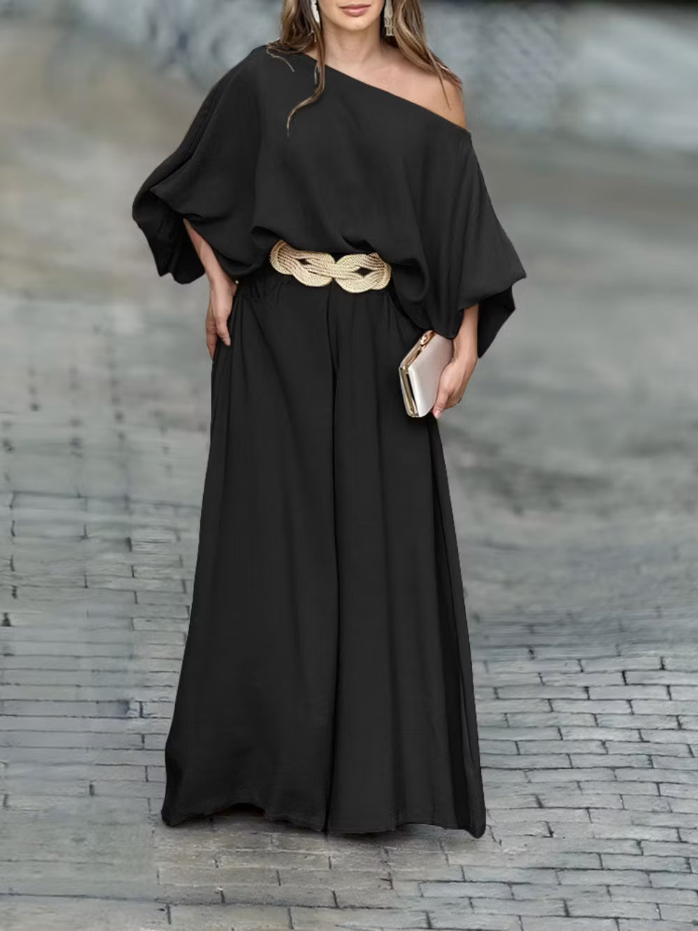 Off-shoulder lantern sleeve loose top and pants set