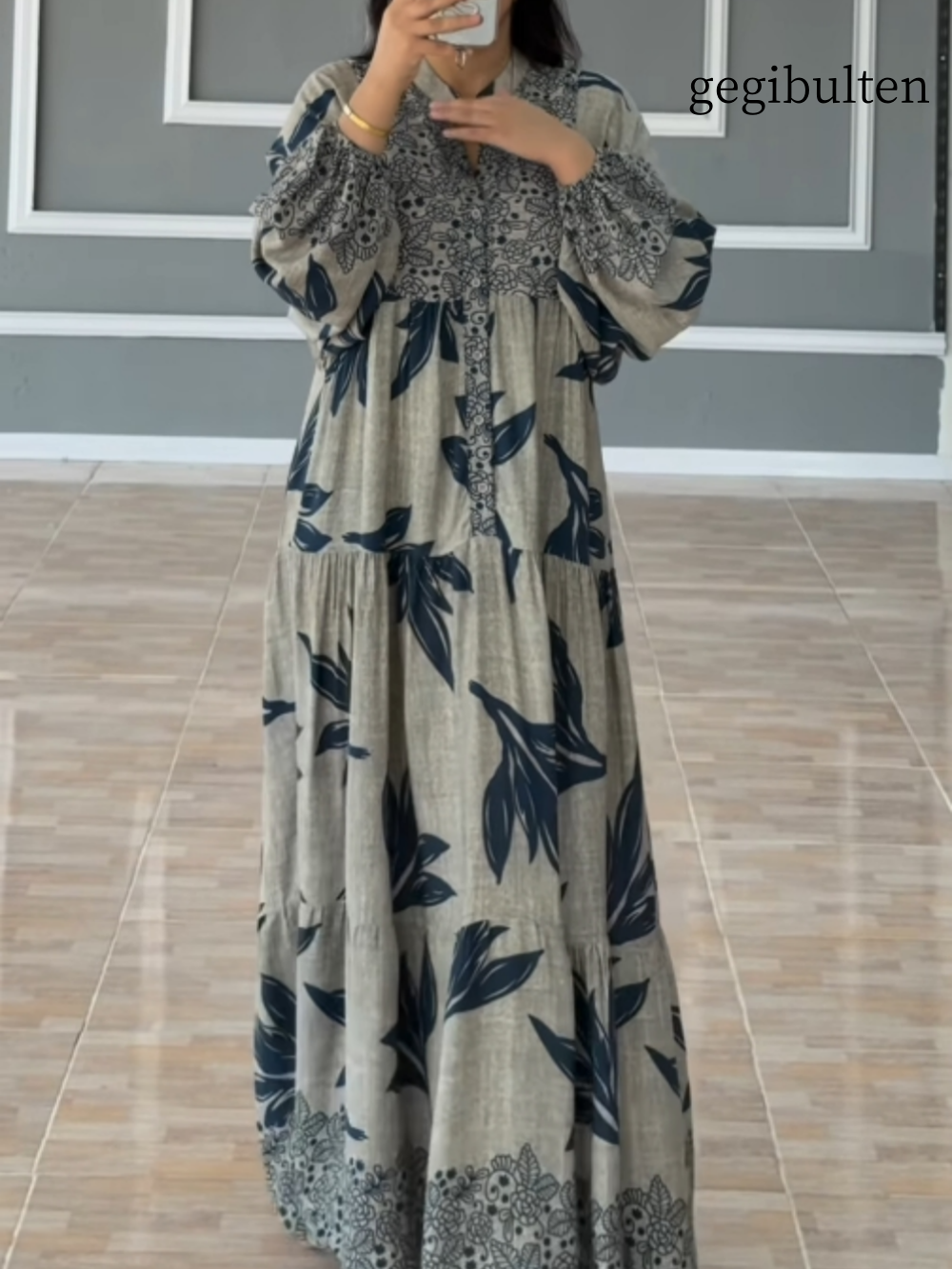 Printed lantern sleeves loose dress