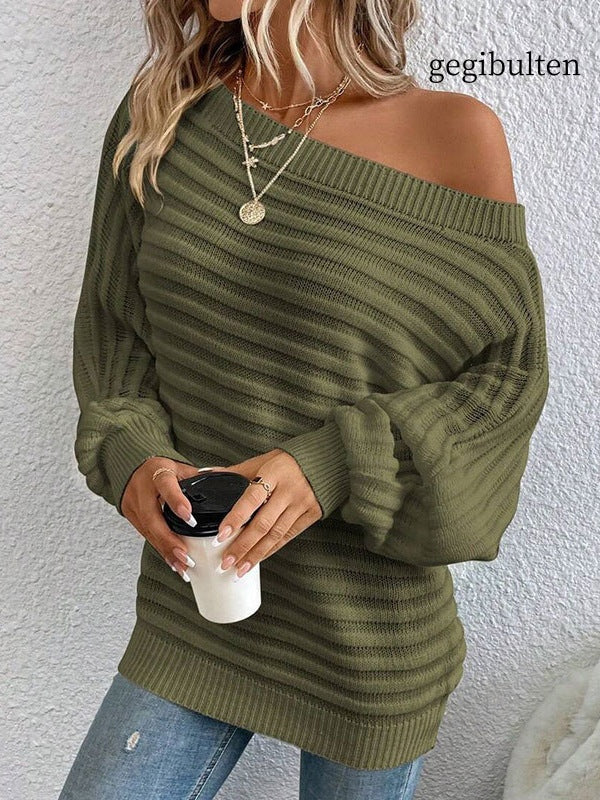 Striped batwing sleeve pullover knitted sweater