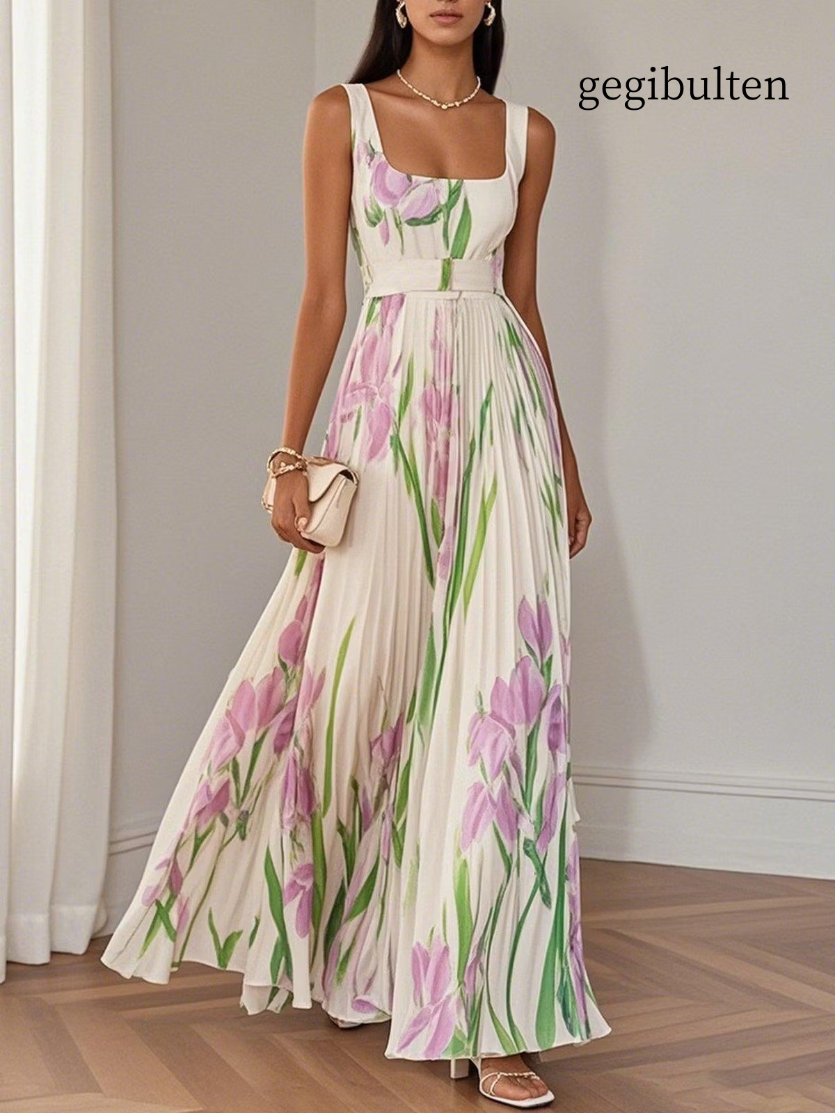 White Pleated Floral Chiffon Square Neck Sleeveless A-Line Maxi Dress