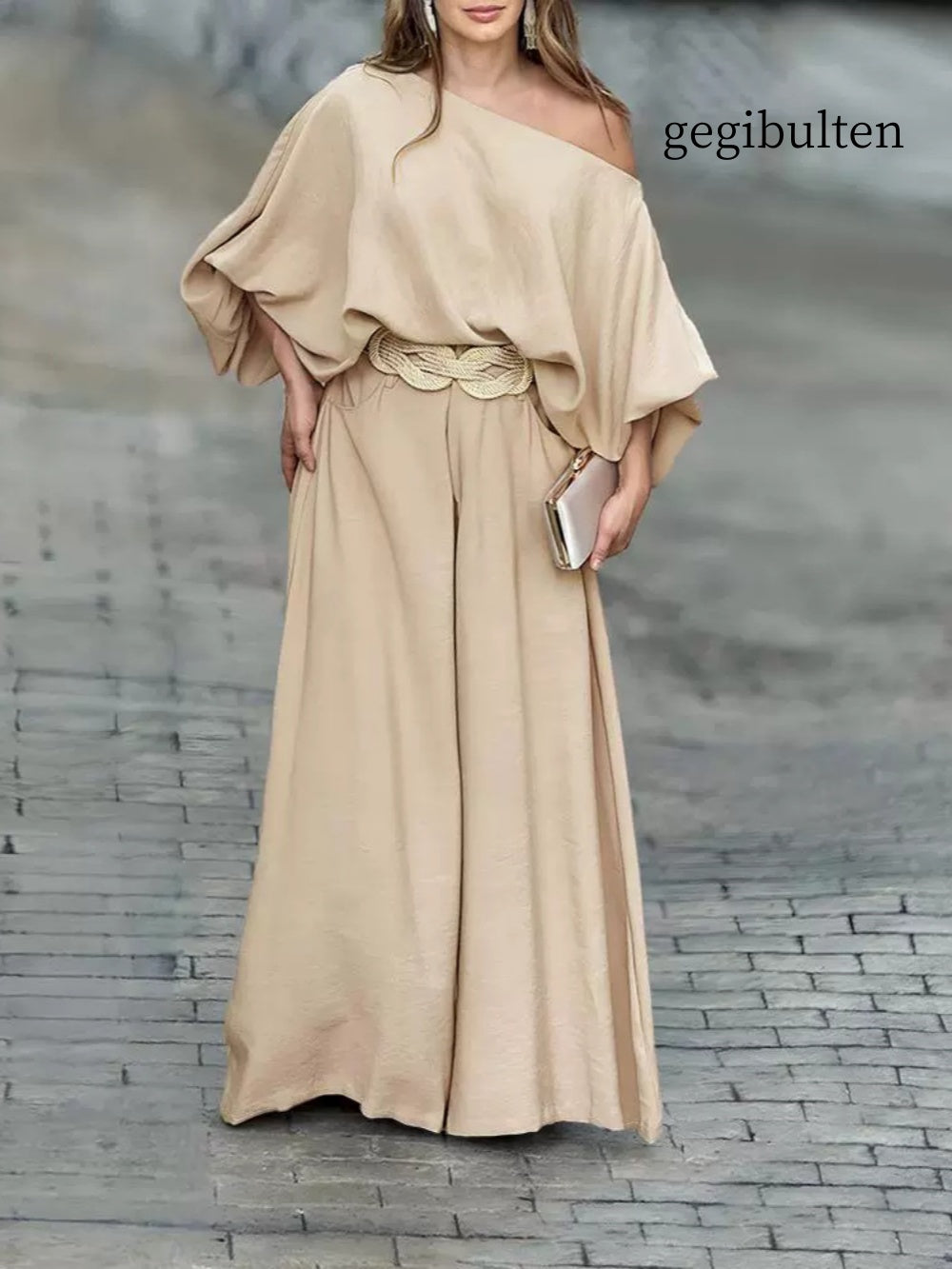 Off-shoulder lantern sleeve loose top and pants set