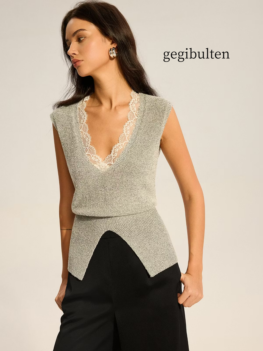 Lace-Trimmed Waist-Cinching Knitted Vest