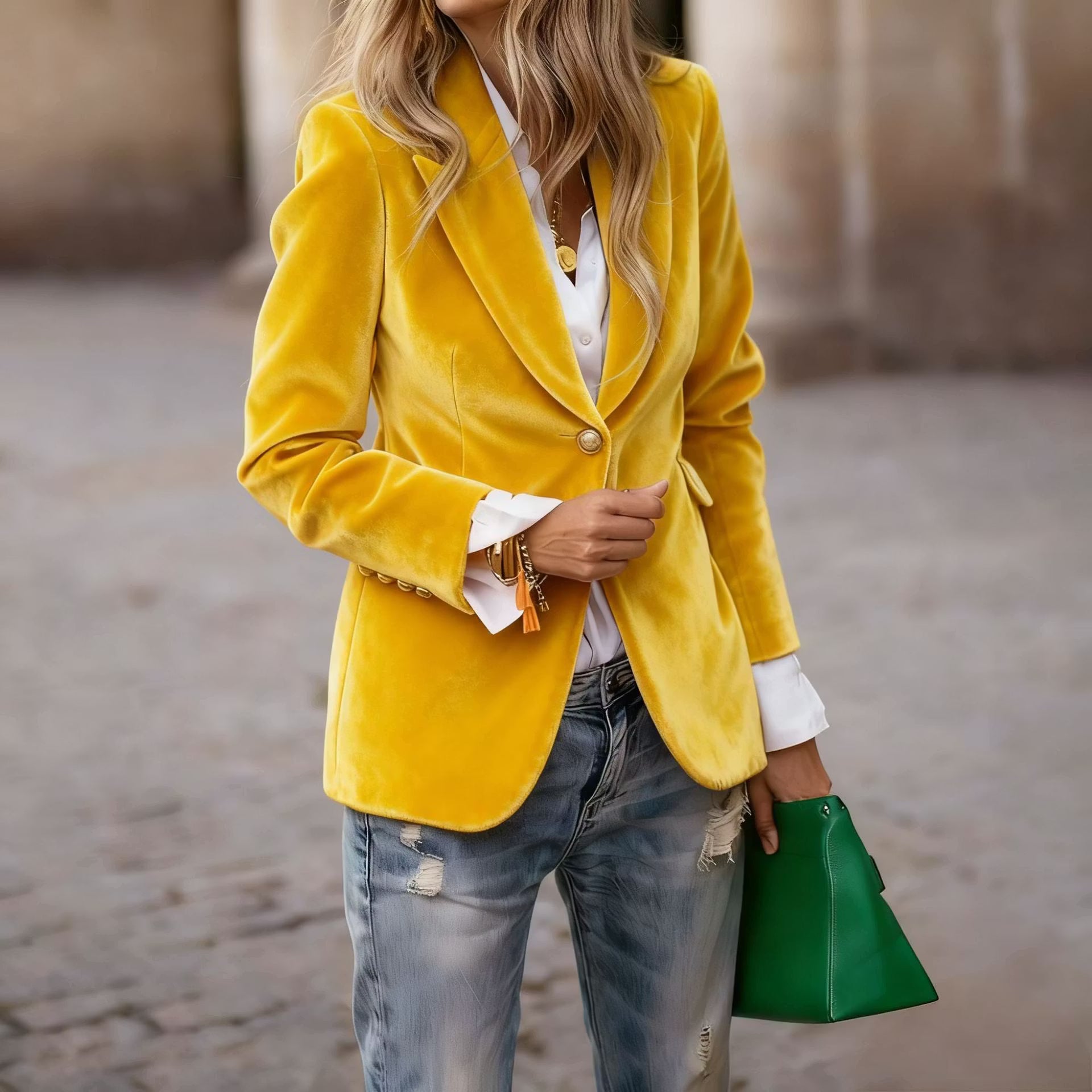 Elegant Velvet Slim-fit Faux Pocket Suit Jacket
