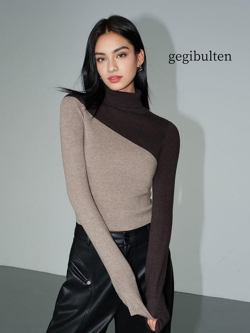 Asymmetric Patchwork Long Sleeve Mock Neck Knit Top