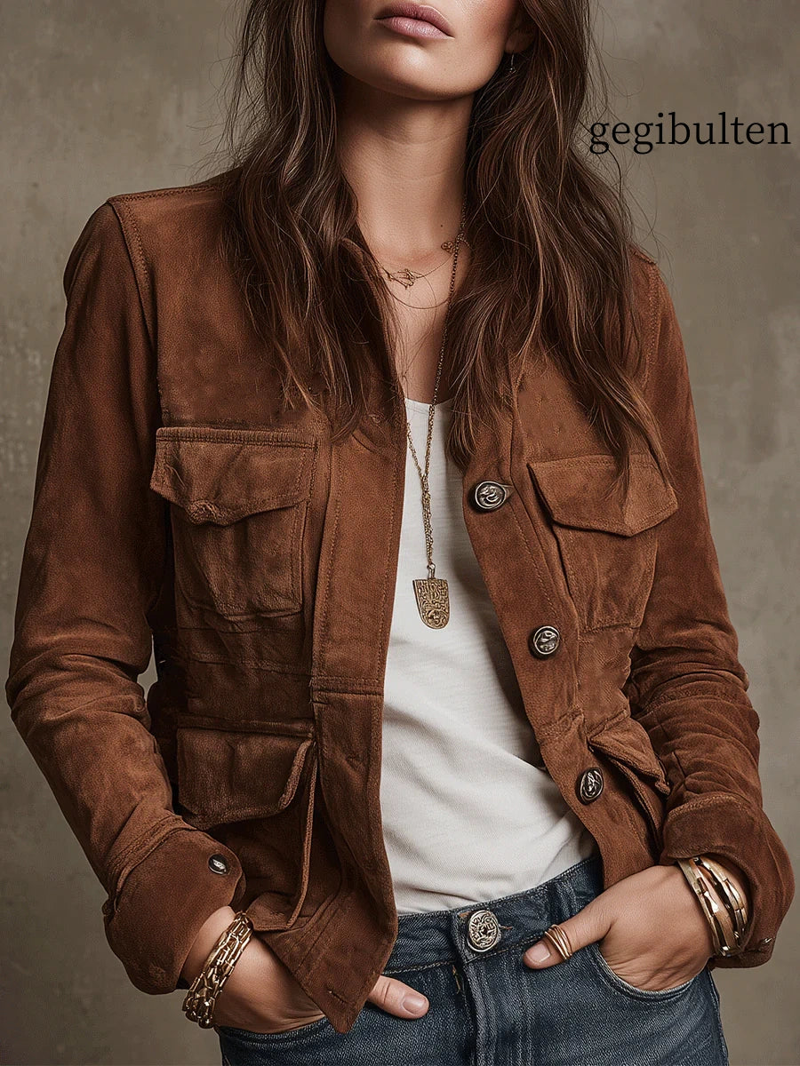Vintage Brown Faux Suede Multi-Pocket Jacket