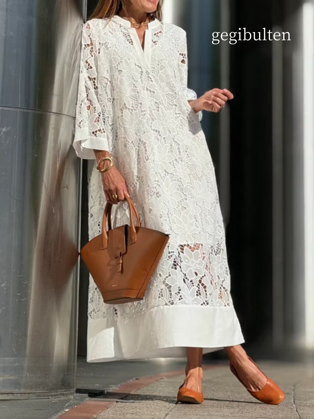 V-neck lace white loose dress